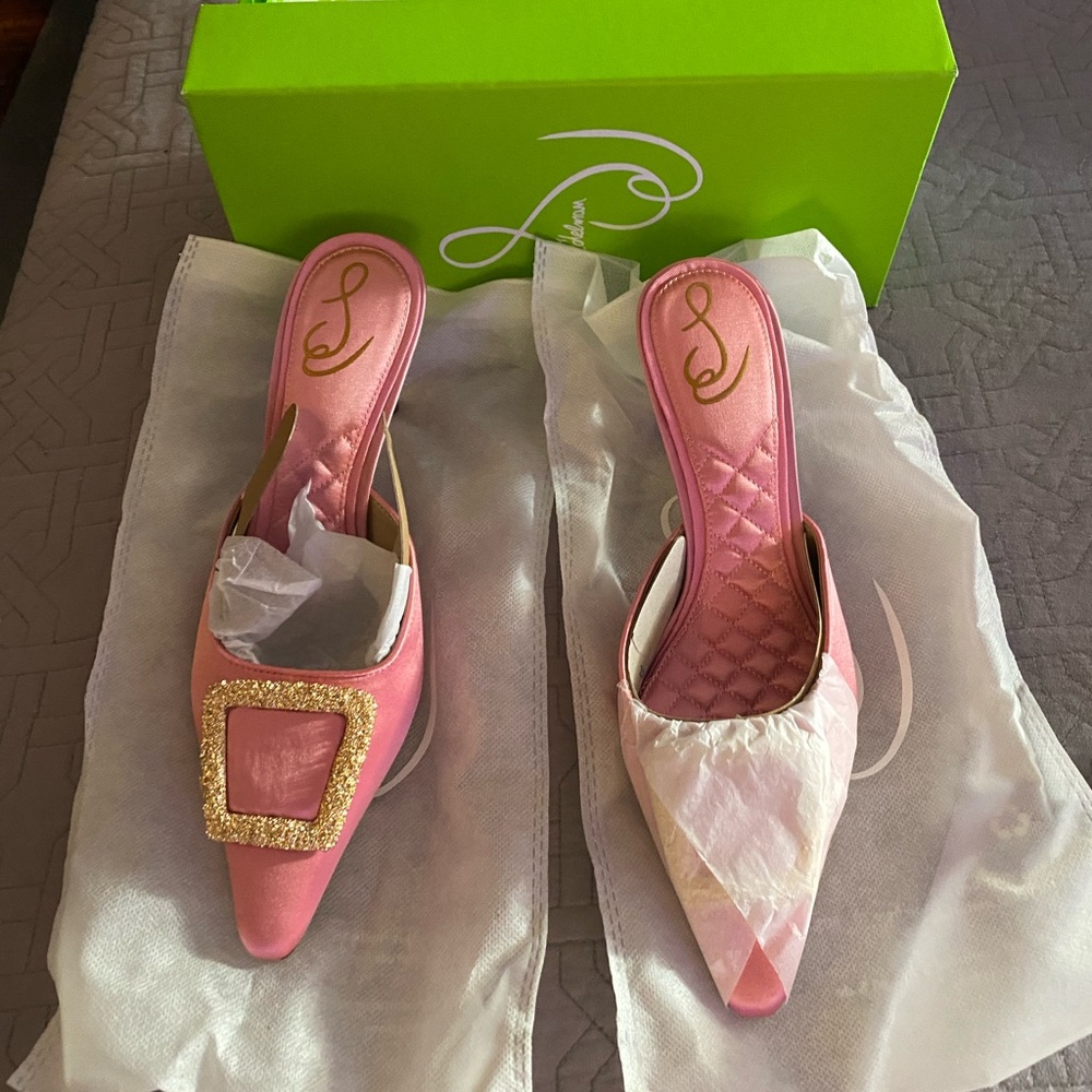Sam Edelman Pink Heeled Mules with Sparkling Buckle - Picture 5 of 8